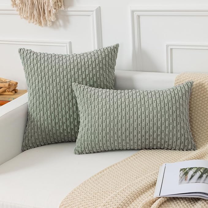 Kevin Textile Soft Corduroy 14"x22" Lumbar Pillow Cover 1 Pack, Grey Green | Boho Stripe Plush Corduroy Decorative Oblong Cushion Cover Modern Farmhouse Home Decor for Sofa Couch Bed Chair