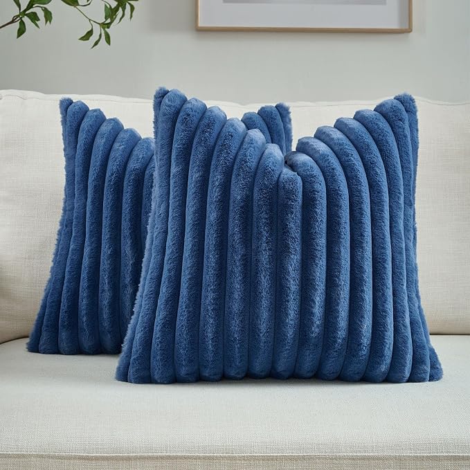 FUTEI Pack of 2 Faux Fur Throw Pillow Covers 16x16 Inch, Navy Blue | Fluffy Faux Rabbit Fur Front/Premium Velvet Back,Hidden Zipper,Machine Washable,Non-Shedding,Colorfast,Insert Not Included.