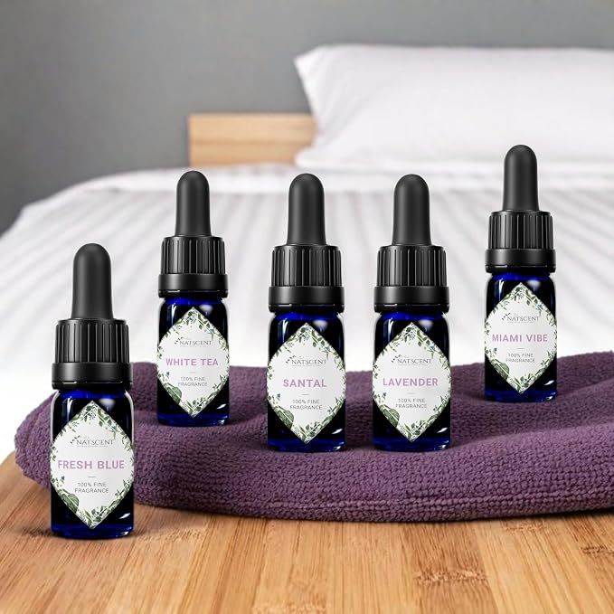 the Hotel Fragrance Oil Set, Fragrance Oils for Diffusers for Home, Hotel Collection Diffuser Oil Set with Santal, White Tea, Fresh Blue, Lavender, Miami Vibe, 5 x 0.33oz