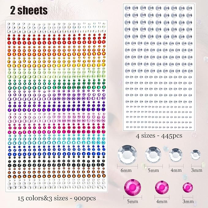 1345 Pcs Eye Face Rainbow Rhinestone Stickers Acrylic Self Adhesive Gems Jewels Crystal Stick on for Hair Nail Body DIY Makeup Festival Diamonds Accessories