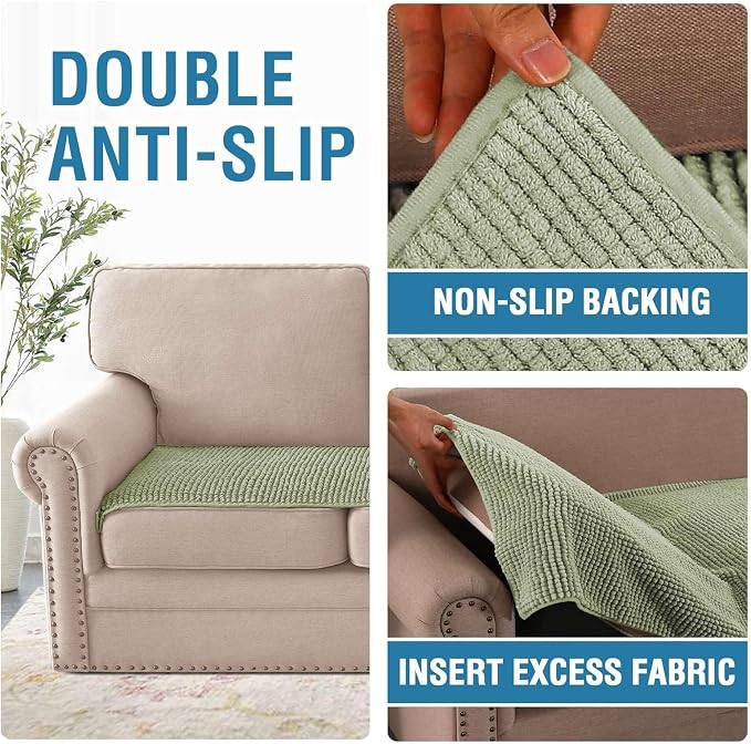 H.VERSAILTEX Plush Chenille Couch Cover for 3 Cushion Couch Anti Slip Washable Sofa Slipcovers Soft and Durable Furniture Protector for Dogs Cats Kids (27.5" x 82", Sage)