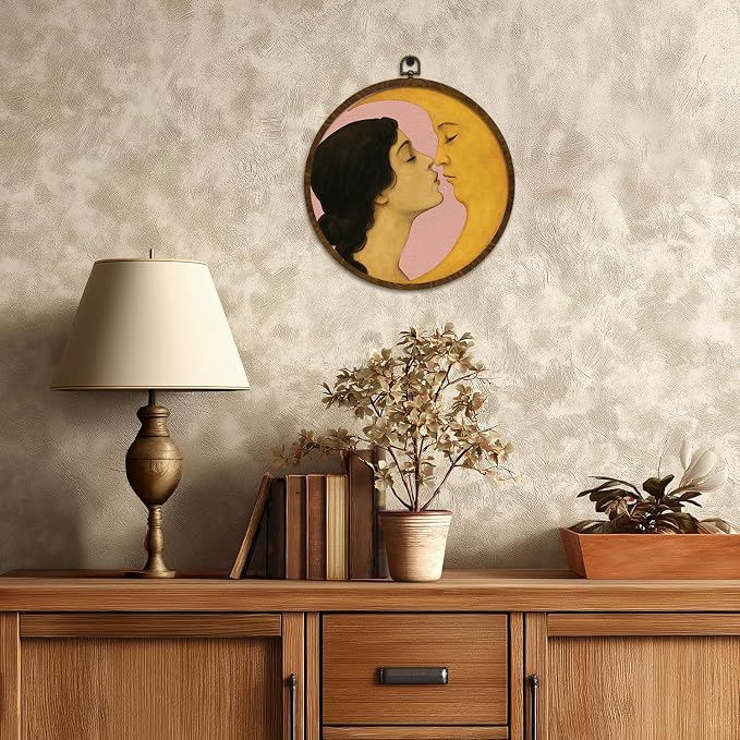 KLYTINK Retro Celestial Decor,Romantic Moon and Young Girl Round Wall Art,Vintage-Inspired Celestial Canvas Print, Surreal Moon and Woman Hanging Decor for Bedroom, Gallery Wall 10''x10''