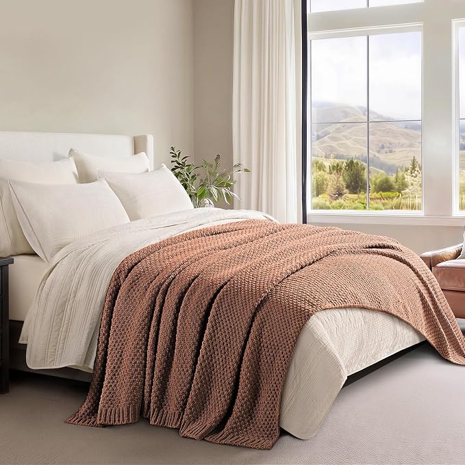 EVERGRACEHOME Chunky Chenille Knit Throw Blanket, 108x92, Terracotta Clay | Sculpted Moss Stitch, Chic Modern Farmhouse, All-Season Warmth, OEKO-TEX® Certified, Oversized King for Couch, Bed, Sofa