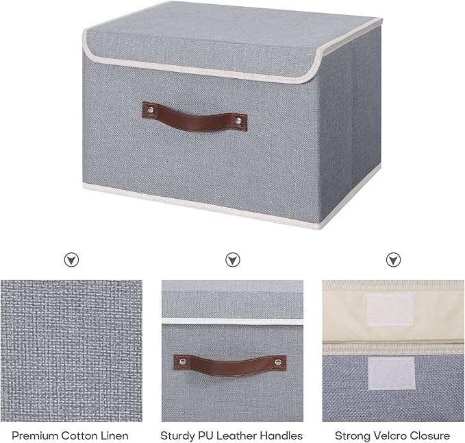 ANMINY Fabric Storage Box Bins with Lids, Gray, 15"x10"x10", 2 Pack | Keepsake Memory Storage, Cotton Linen, PP Board Reinforced, Washable, PU Handles, Foldable & Stackable, Decorative, Large