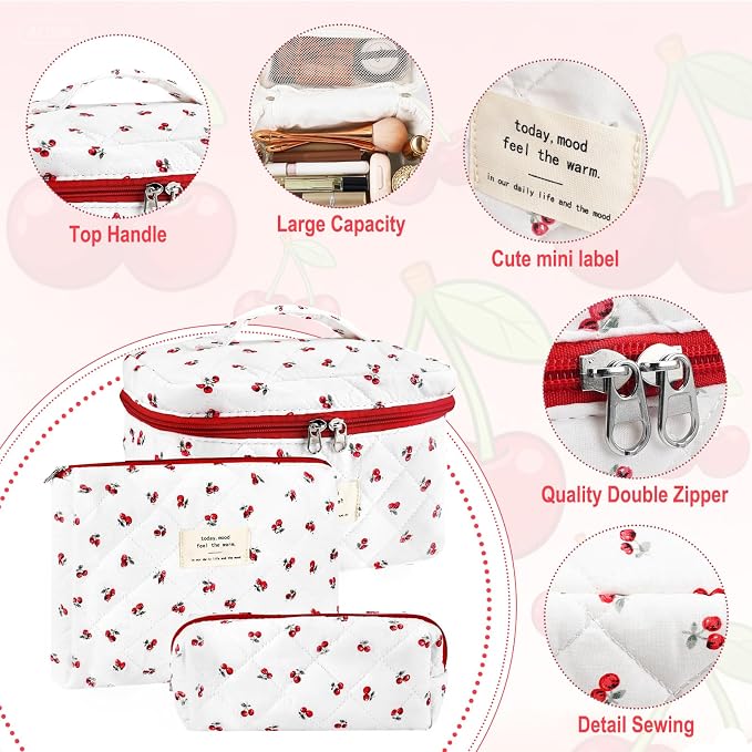 URSKYTOUS 3Pc Cotton Quilted Makeup Bag for Women Extra Large Coquette Small Floral Travel Cosmetic Bag Set Cute Cherry Makeup Pouch Portable Toiletry Bag Organizer Vintage Puffy Essential Storage Bag