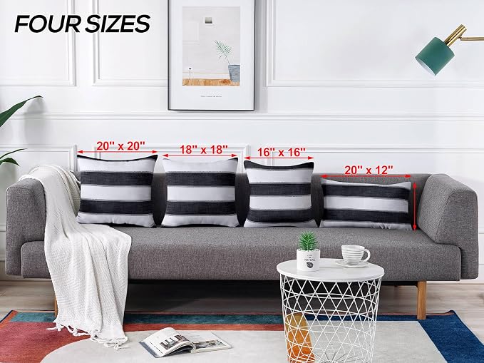 Pack of 2 Farmhouse Stripe Check Throw Pillow Covers Set Case Cotton Linen Decorative Pillowcases Cushion Cover for Couch Bench Sofa 18x18Inch Black