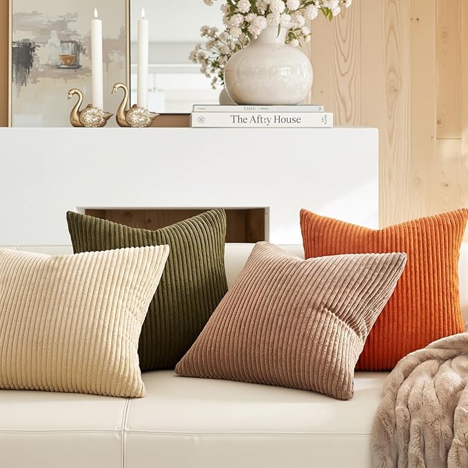 Topfinel Rust OliveGreen Throw Pillow Covers 18x18 Inch Set of 4 Boho Farmhouse Cushion Covers Soft Corduroy Fall Home Decor for Couch Bed Sofa Living Room