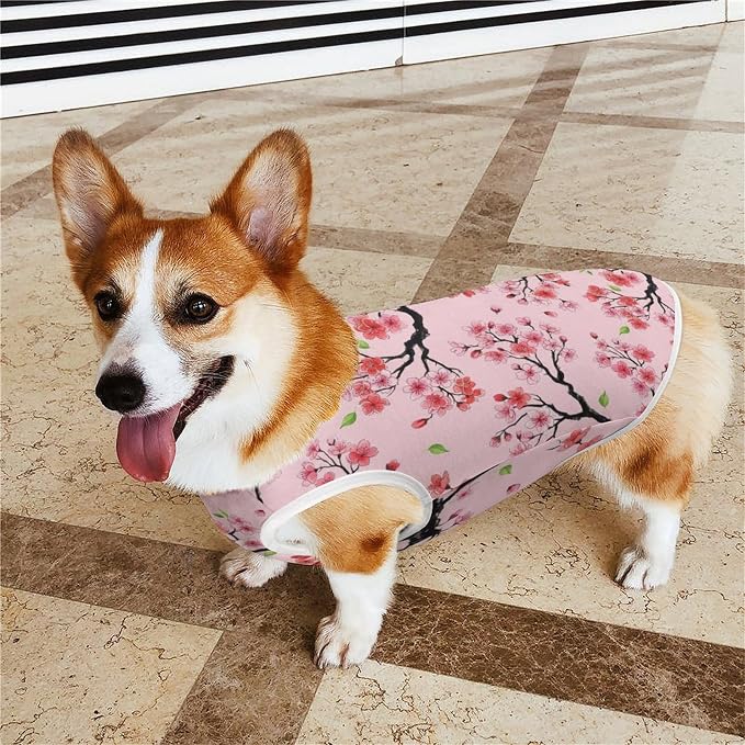 Cute Cat Shirt Soft Breathable Clothes Dog Tank Tops for Small Large Pet Floral Pink Japanese Cherry Flowers Blossom