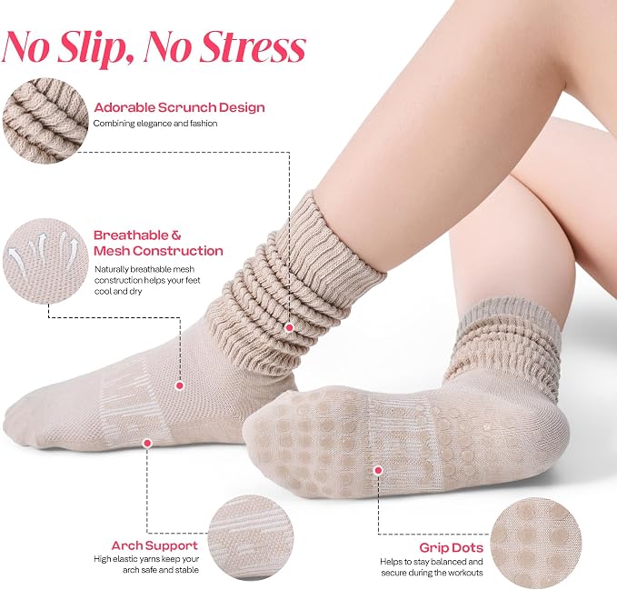 COOLMATE Pilates Socks with Grips for Women, Yoga Socks, Crew Non Slip Women for Barre, Pilates Gifts for Women