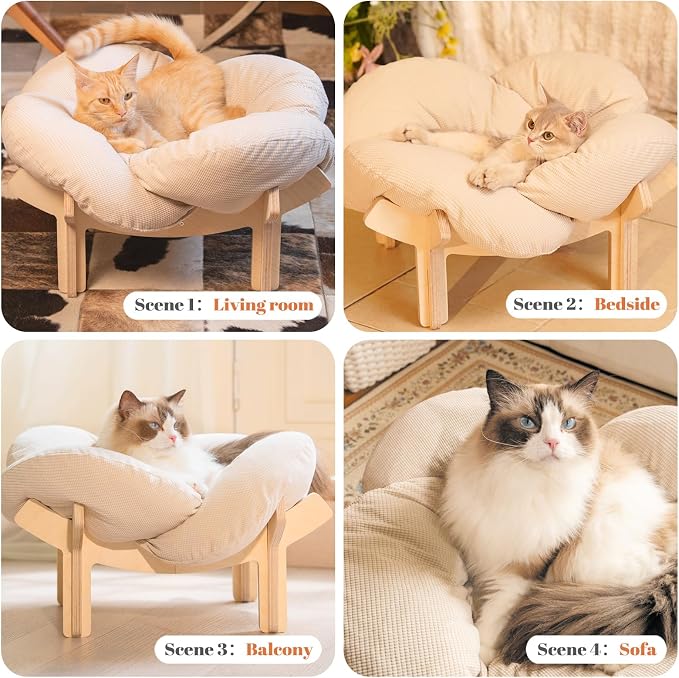 Elevated Cat Bed for Indoor Cats Couch Sofa Flower | Pet Beds with Soft Washable Cushion, Stable Wooden Frame, Raised Cat Hammock & Furniture for Kitty & Puppy All-Season(White)