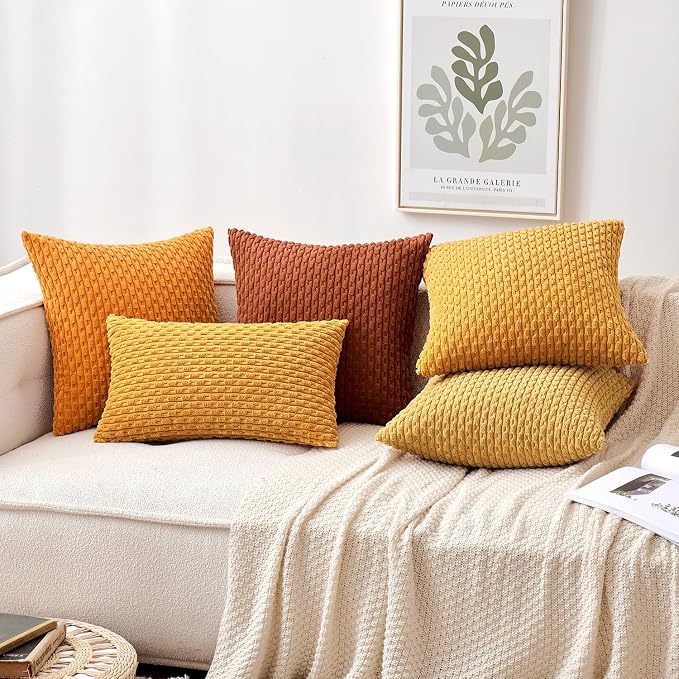 MIULEE Fall Decorative Throw Pillow Covers 16x16 Burnt Textured Corduroy | Terracotta Pack of 2 Striped Pillow Covers Modern Farmhouse Autumn Home Decor for Couch Bed Sofa Living Room