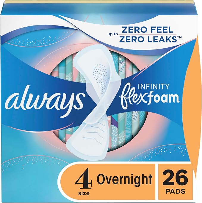 Always, Infinity With FlexFoam Pads For Women, Size 4, Overnight Absorbency With Wings, 26 Count
