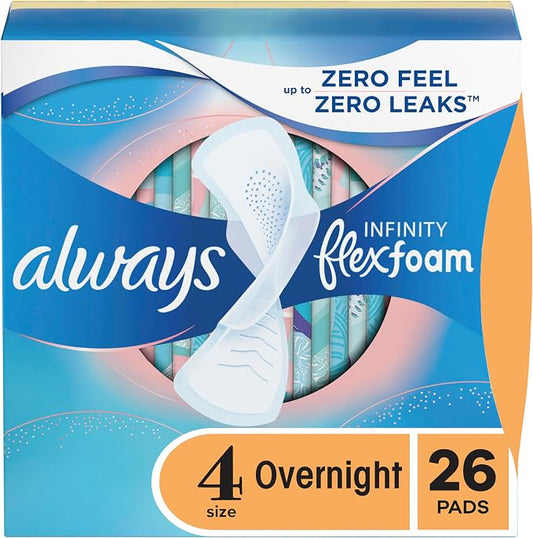 Always, Infinity With FlexFoam Pads For Women, Size 4, Overnight Absorbency With Wings, 26 Count