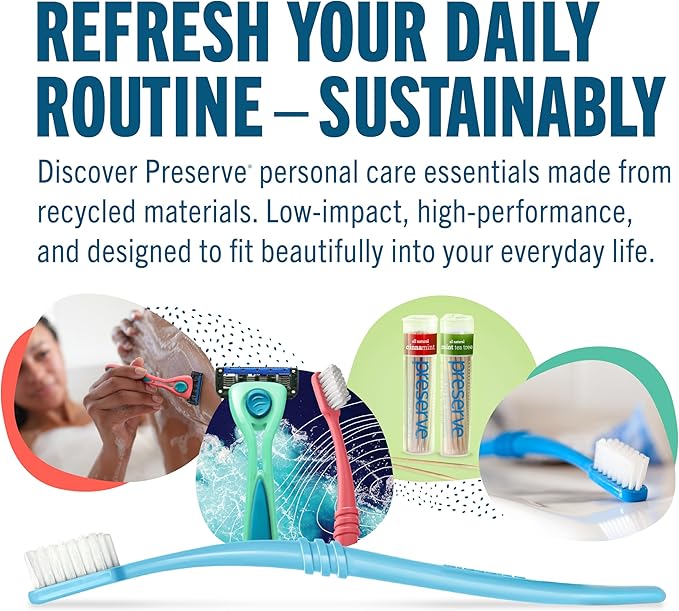 Preserve Eco Friendly Adult Toothbrushes, Made in The USA from Recycled Plastic, Lightweight Paper Packaging, Medium Bristles, Colors Vary, 3 Count