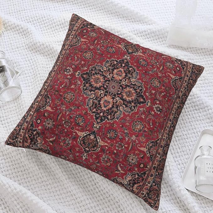 Central Red Persian Silk Rug Print Pillow Covers Decorative Square Throw Pillowcase 18x18 Inch Couch Cushion Cover for Home Decor Living Room Bedroom College Dorm Bed Car Sofa