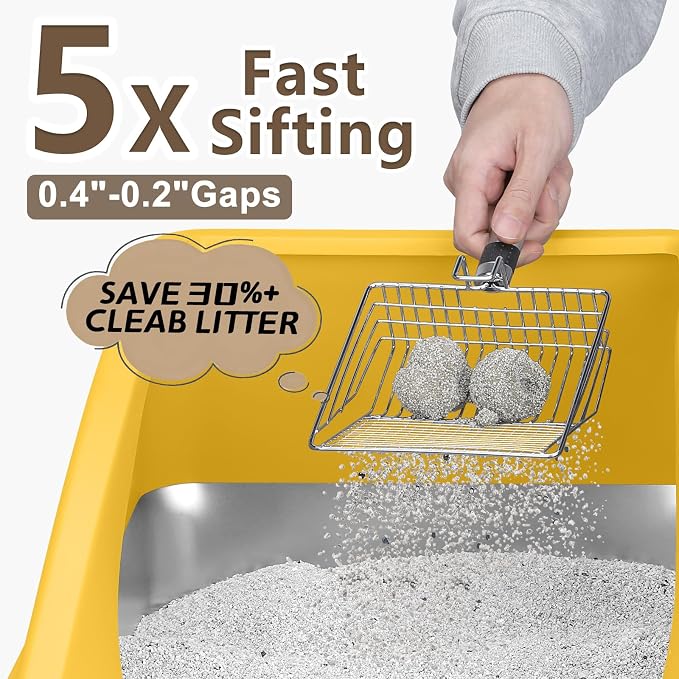 AIPERRO Stainless Steel Litter Box | XL Metal Cat Litter Boxes with Lid | Enclosed High Sided for Big Cats | Anti-Urine Leakage | Non-Stick & Easy to Clean with Litter Mat & Metal Scoop (Yellow)