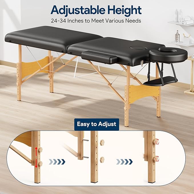 Brelley Massage Table Portable Wooden Lash Bed Adjustable Height 2-Fold Spa Table Foldable Tattoo Bed (Black)