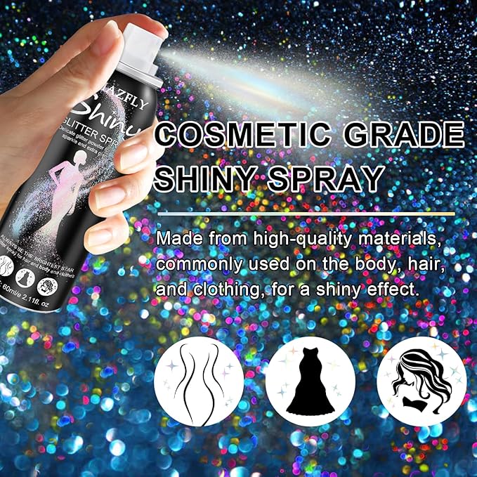 Hair and Body Glitter Spray, Temporary Shiny Hairspray for Face, Hair, Clothing, Holographic Shiny Glitter Long-Lasting Quick-Drying for Festival Prom Rave Accessories (Rainy-Rainbow, 2.11OZ)