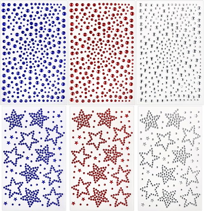 6 Sheets Self Adhesive Star Gem Stickers Red White Blue Rhinestone Stickers 4th of July Face Jewel Stick on Patriotic Face Makeup Sticker Independence Day Sticker for Body Nails Crafts Decoration