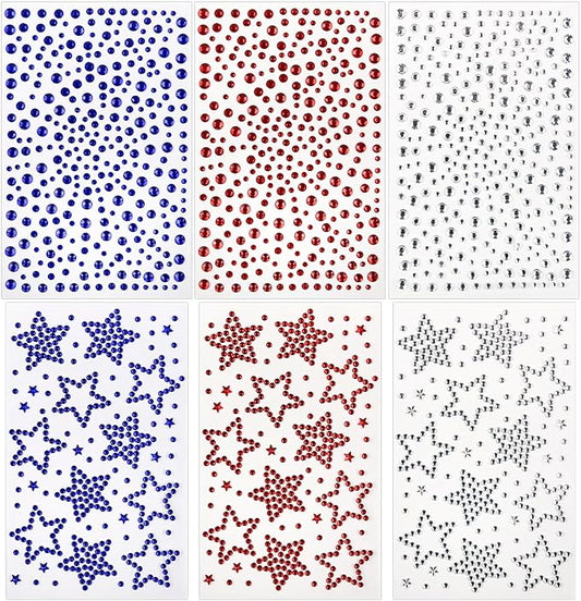 6 Sheets Self Adhesive Star Gem Stickers Red White Blue Rhinestone Stickers 4th of July Face Jewel Stick on Patriotic Face Makeup Sticker Independence Day Sticker for Body Nails Crafts Decoration