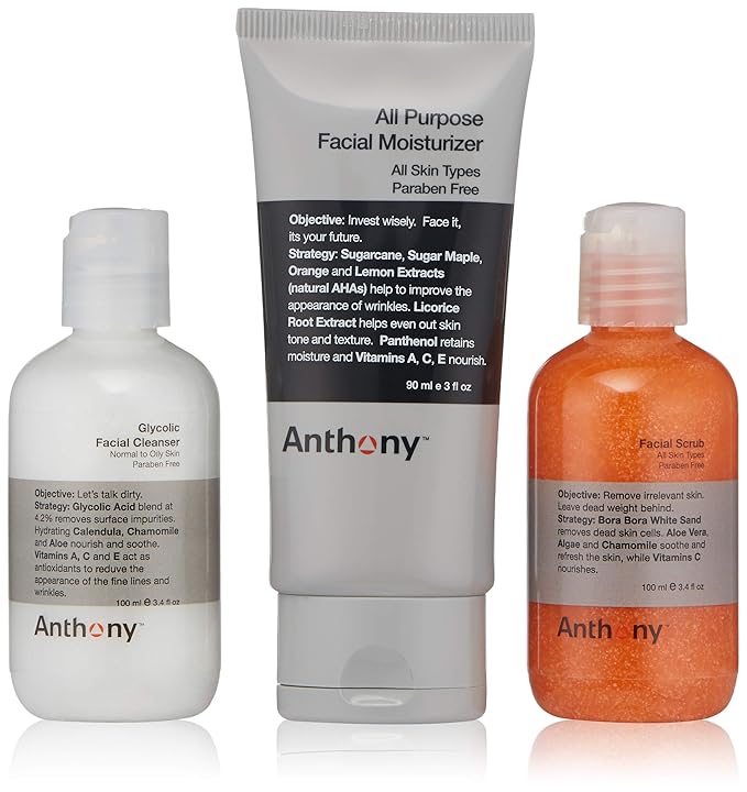 Anthony Face It & Go Kit, Set Includes Glycolic Facial Cleanser 3.4 Fl Oz. All Purpose Facial Moisturizer 3 Fl Oz. Facial Scrub 3.4 Fl Oz.