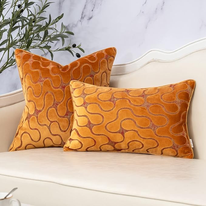 Orange Yellow Square Throw Pillow Cover Wavy Velvet Cushion Cover Modern Zippered Pillowcase for Sofa Couch Bedroom Living Room Chair, 20 x 20 Inch
