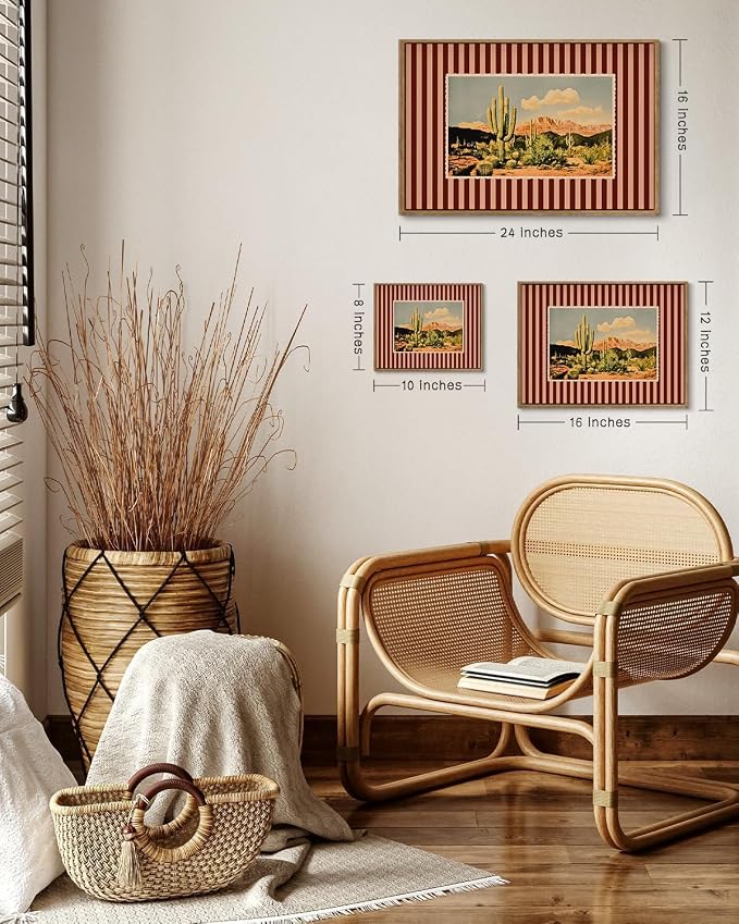 ZZLWBKGL Western Wall Decor Cactus Canvas Art Desert Framed Wall Art | Mid Century Southwestern Artwork Nature Striped Paintings for Living Room Bedroom Study