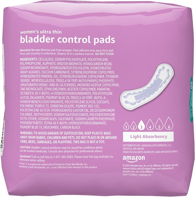 Amazon Basics Women's Incontinence Pads, Postpartum, Bladder Control, Light Absorbency, Unscented, 180 Count (6 Packs of 30)