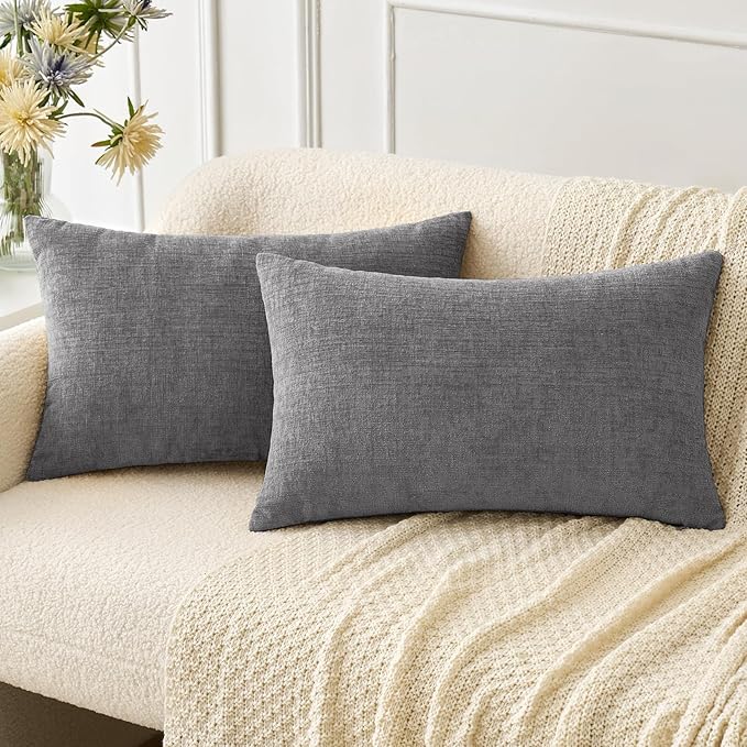 MIULEE Soft Chenille Lumbar Throw Pillow Covers Dark Gray 12x20 Pack of 2 | Modern Home Decor, Classic Decorative Pillows, Solid Dyed Cases, Boho Couch Cushion Covers for Sofa Bed Living Room