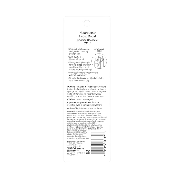 Neutrogena Hydro Boost Hydrating Concealer Stick, Oil-Free, Lightweight Cover-Up Makeup with Hyaluronic Acid Refreshes Dry Skin & Provides Buildable Coverage, 10 Fair, 0.12 Oz