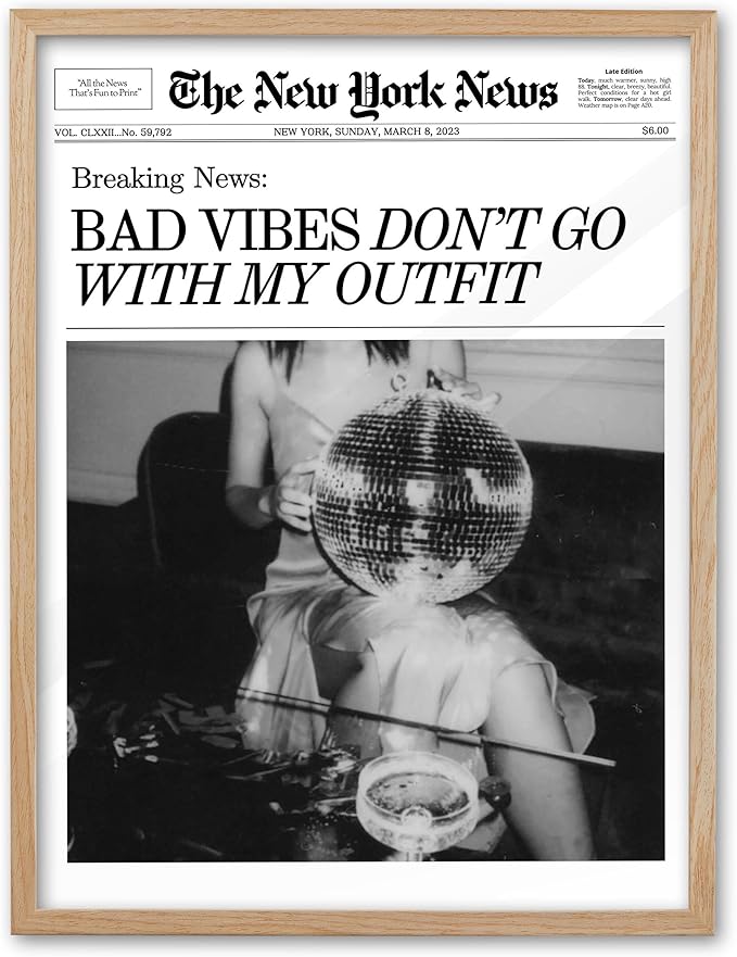 EcoHest Small 8x10 in Bad Vibes Don't Go With My Outfit Framed Wall Art | Natural Oak Wood Frame, Canvas Wall Art, Disco Fashion Newspaper Wall Decor for Bedroom, Apartment, Dorm, College Room, 1Pack