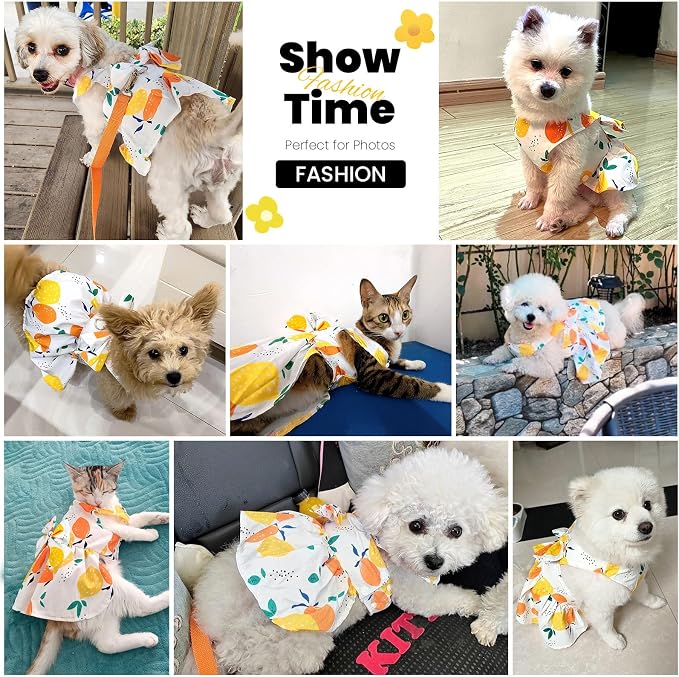 ABRRLO Cute Dog Dress Small Dog Clothes for Girls Female Puppy Outfits Yellow Lemon Pet Summer Clothes Bowknot Doggy Cat Princess Dress Harness for Holiday Birthday Party Costume Clothing (Yellow,XS)