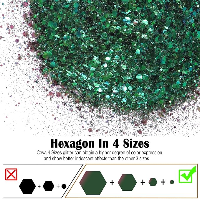 Ceya Chunky Glitter, 4.9oz/ 140g Emerald Green Craft Glitter Powder Mixed Fine Flakes Iridescent Nail Sequins for Nail Art, Hair, Epoxy Resin, Tumblers, Slime, Painting, Festival Decor
