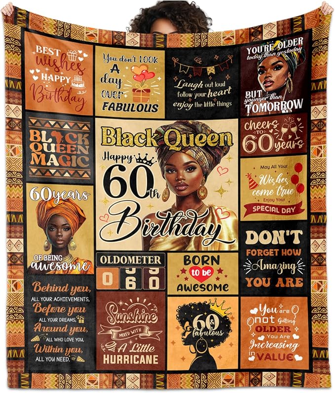 African American 60th Birthday Gifts for Women Blanket 60"X50", Encouragement Inspirational Bday Gift, 60 Year Old Birthday Gifts for Black Women Mom Lady Girl Friend