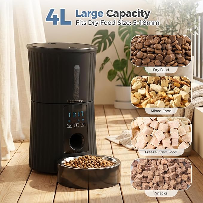 Sweetcrispy Automatic Cat Feeder, 4L Cat Food Dispenser with APP, Black | 2.4G WiFi, Applicable for Dry Food, 16.9 Cups, 10 Meals/Day, 50 Portions/Meal, 10s Voice Recorder, Dual Power Supply