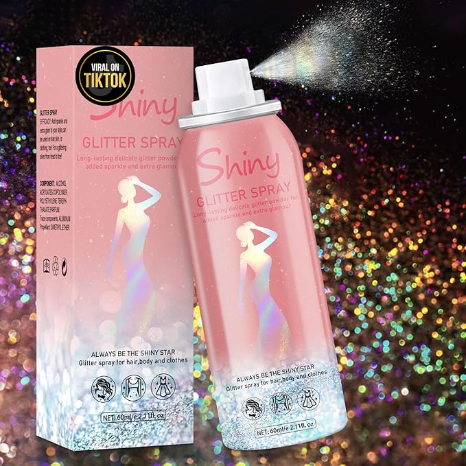 Hair and Body Glitter Spray, Holographic Glitter Highlighter Powder, Hairspray for Clothes, Face Body Shiny Glitter, Loose Shimmer Hairspray Festival Rave Prom Accessories, 2.11 Fl Oz (Rainy-Rainbow)