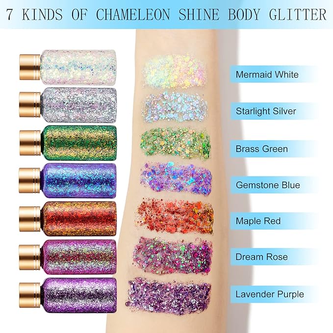 Dream Rose Color Body Glitter, Face Glitter Gel, Hair Glitter for Women Kid, Holographic Chunky Mermaid Sequin Shimmer Makeup for Halloween Party Carnival Festival Rave Accessories, 1oz