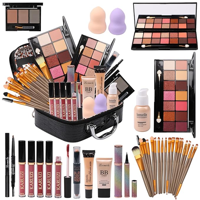 makeup sets for women,Professional Makeup Kit with Eyeshadow Palette,Brushes Set, Foundation, Lip Gloss, Travel Bag, Complete Beauty Set (Black bag)