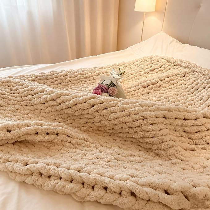 Soft Chunky Knit Throw Blanket for Couch, Cozy Warm Knitted Blankets | Hand Knit with Jumbo Chenille, Lightweight Warm Fluffy Decor for Women, Mom, Her & Girls, Sofa, Chair, Bed, 48"×71" (Beige)