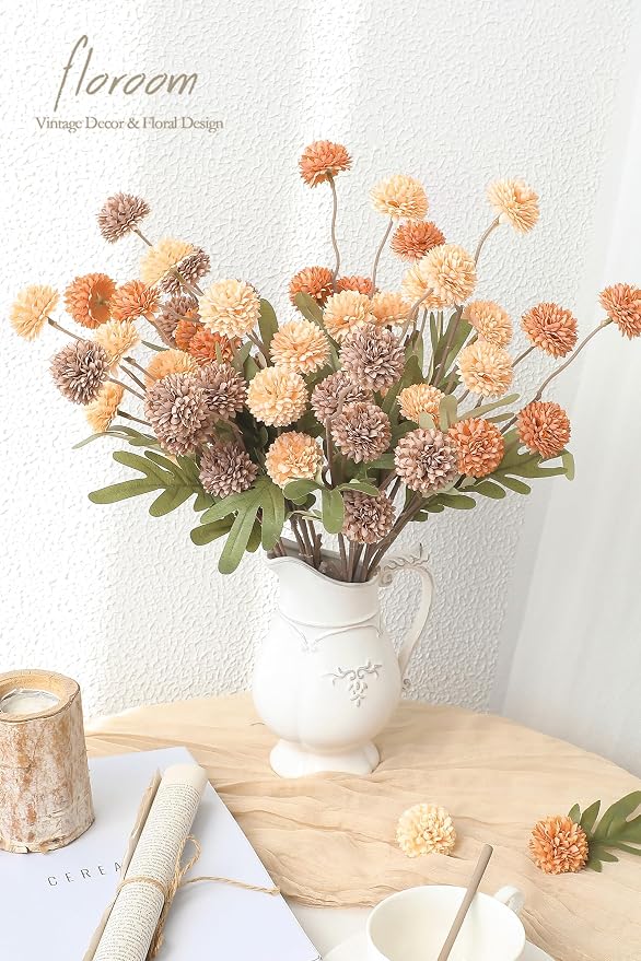 9pcs Burnt Orange Taupe Mix Faux Silk Mums Artificial Flowers, Bulk Fake Small Mini Chrysanthemums with Stems for DIY Wedding Centerpieces Floral Arrangements Vase Fillers Home Decorations