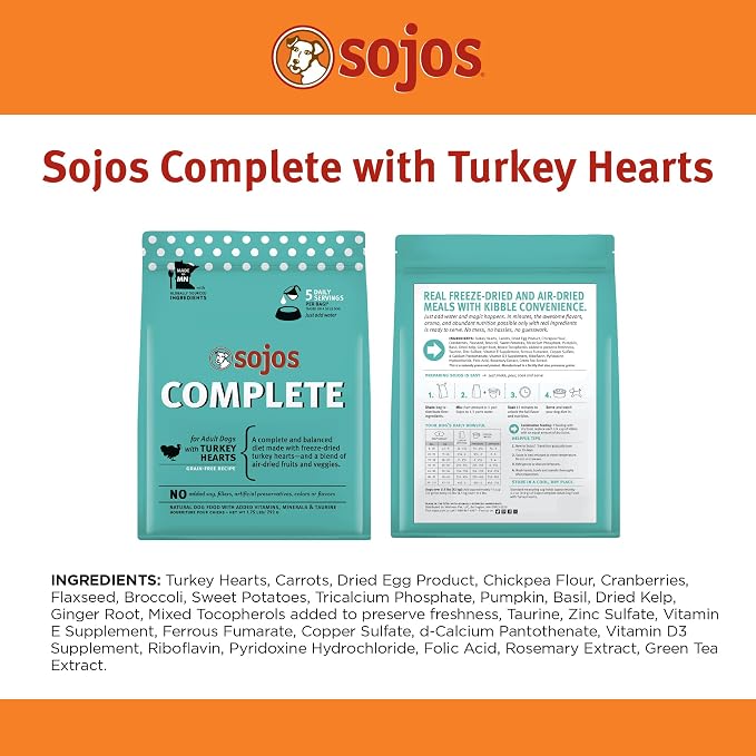 Sojos Complete Freeze Dried Raw Adult Dry Dog Food, Grain Free, Natural, Turkey Recipe, 1.75 lb Bag