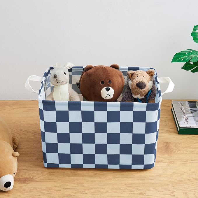 Ohocut Navy Blue Checkered Canvas Basket, Rectangular Organizing Decorative Storage Basket for Kids Dog Toy, Cute Aesthetic Race Cars Boy Room Decor for Home, Kitchen, Bedroom, Classroom, Shelves