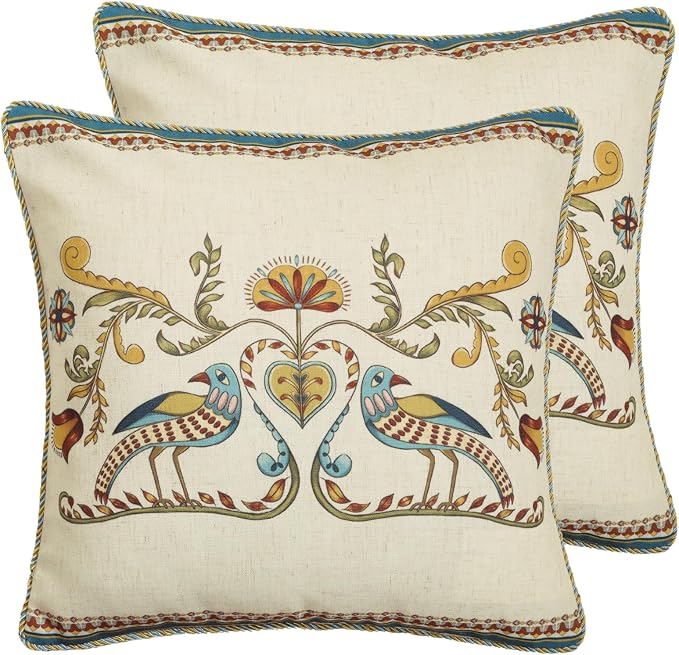 patdrea Vintage Linen Throw Pillow Cover,18"x18",Set of 2-Wensel C | RusticDecorative Pillow Case,Bird and Floral Pattern,Cushion Coverfor Couch Living Room Bedroom Sofa