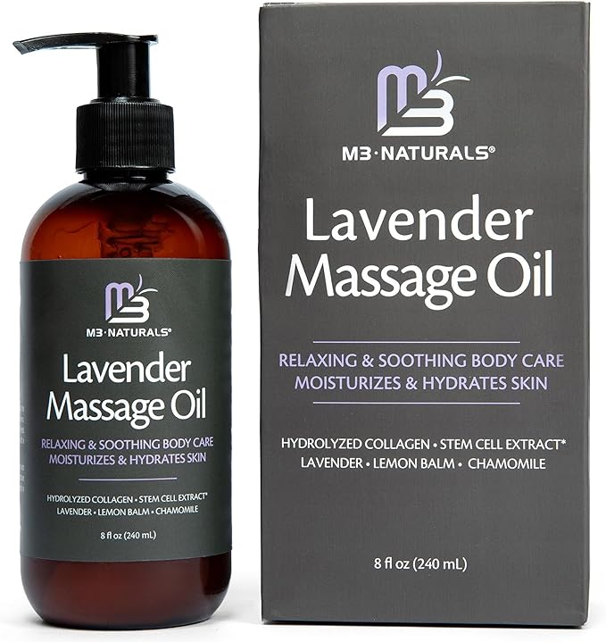 Lavender Sensual Massage Oil with Collagen and Stem Cells, Skin Tightening Therapy for Bum, Thighs, and Belly, Fast-Absorbing Cellulite Oil, 8 fl oz by M3 Naturals