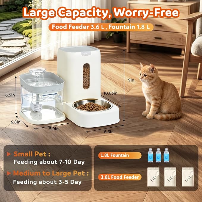 Automatic Cat Feeder Set, Water Fountain and Gravity Food Feeder, Large Capacity Set with Stainless Steel Bowl, Easy to Clean,Suitable for Kitten, Small and Medium Cat, Rabbit, and Small Pet