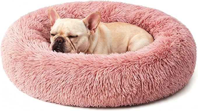 Calming Anti-Anxiety Donuts Dog And Cat Bed, Round Fluffy Soft Washable Small Medium Pet Bed For Puppy And Kitten, Cuddler Warming Comfortable Luxury Anti-Slip Waterproof Mute Base 24in Pink
