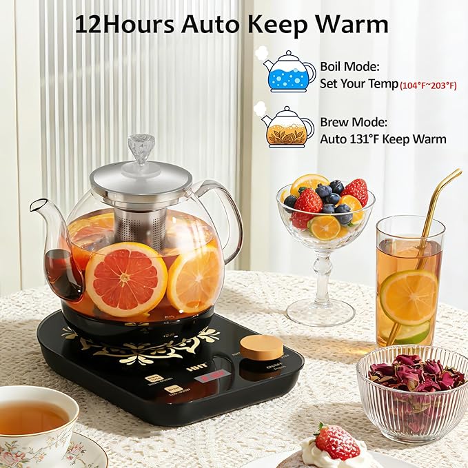 HHT Electric Tea Maker with Infuser, ±1℉ Precise Temperature Control, Glass Electric Kettle for Herbal,Flowers,Fruit Tea and Loose Leaf,BPA-Free,Auto Shut-Off,Brewing Program,Keep Warm,0.8L Black