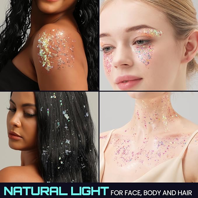 Teenitor Glow in The Dark Glitter, Clear White Body Glitter Gel, Sparkly Neon Face Glitter Hair Glitter, Glow in The Dark Face Paint for Halloween Makeup Glow Party Concerts Raves