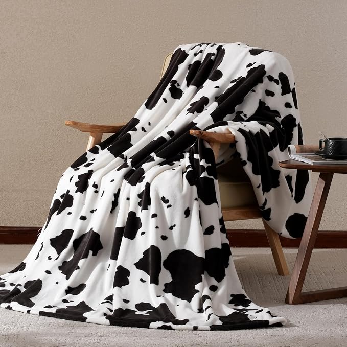 Cozy Bliss Cow Print Fuzzy Throw Blanket for Couch - Thick Soft Warm Non Shedding Fleece Blankets for Western Décor Room, for Kids, Women Men Girls, Black & White 50"*60"