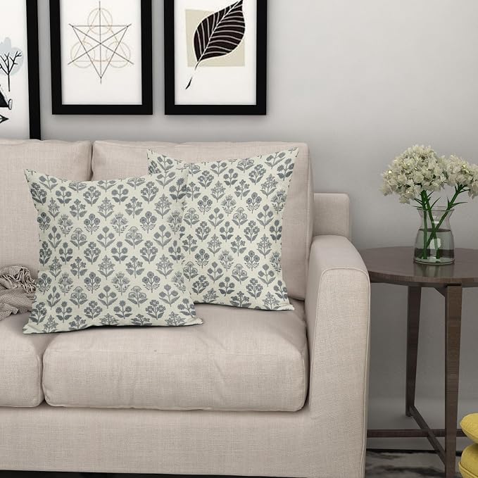 Dusty Blue Floral Pillow Covers 22x22 Inch Set of 2, Vintage Flower Block Pattern Decorative Throw Pillowcases Outdoor Farmhouse Cushion Covers Spring Summer Rustic Decoration Sofa Couch Bed Decor